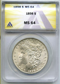 1898 Morgan Silver Dollar ANACS MS64 Certified $1 Philadelphia Mint - A928