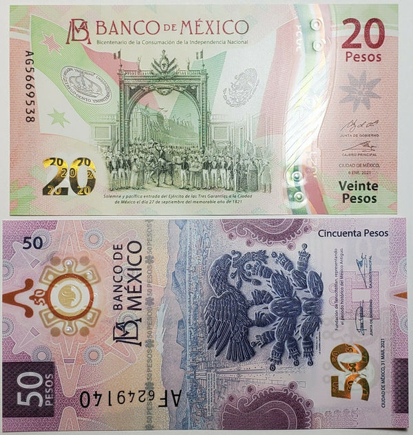 2021 Mexico 20 & 50 Pesos Veinte Cincuenta Uncirculated Bank Notes UNC - JM617