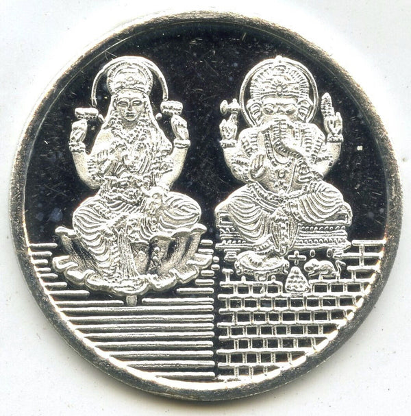 Lakshmi & Ganesha Hindu Gods 999 Silver 10 Grams Lucky Round Token Medal E469