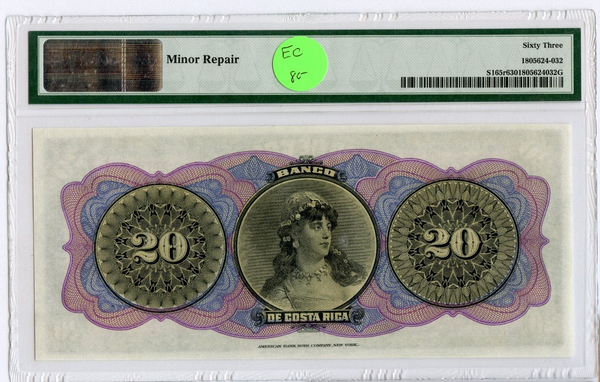 1899 Costa Rica 20 Veinte Pesos PMG 63 P-S165r Banknote Currency - JP095