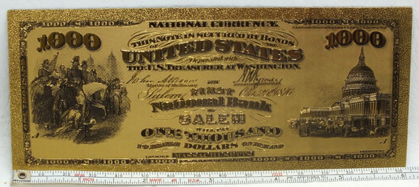 $1000 National Bank Salem 1875 Novelty 24K Gold Foil Plated Note Bill - GFN34