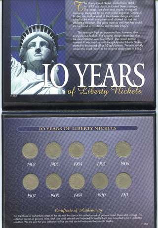 1902-1911 10 Years of Liberty Head V Nickel Coin Set -10 Coins -DM800