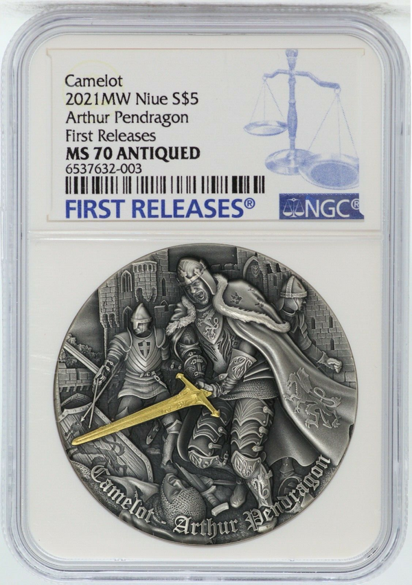 2021 Camelot Arthur Pendragon 2 Oz Silver NGC MS70 Antiqued $5 Niue Coin - JN313