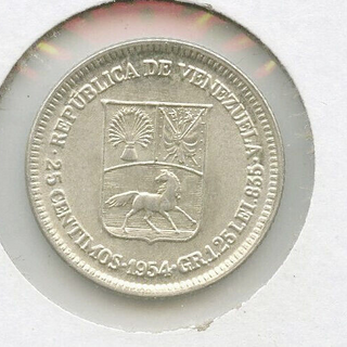 1954 Republica De Venezuela 25 Centimos Silver Coin - Bolivar - DN150