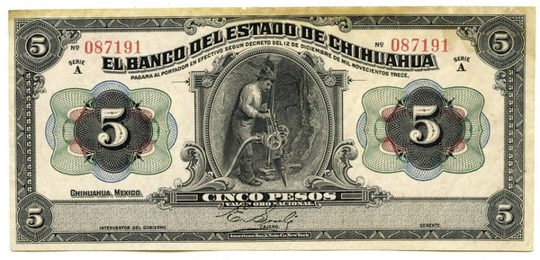 1913 Mexico Chihuahua Currency Note 5 Cinco Pesos - Mexican Banknote - A400