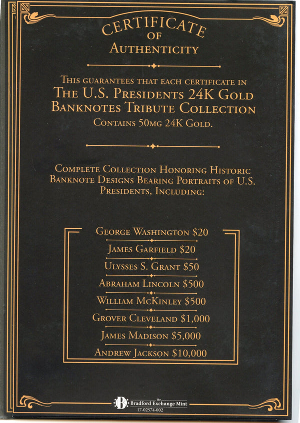 U.S. Presidents 24k Gold Banknotes Tribute Collection Panel - CC915