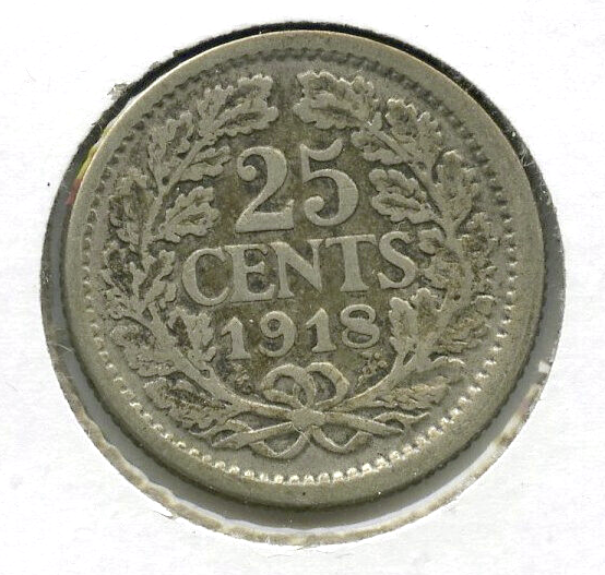 1918 Netherlands 25 Cents .6400 Silver Coin .0736 ASW -DN151