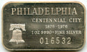Philadelphia Centennial City 1876 - 1976 Ingot Medal 999 Silver 1 oz Bar - BT953