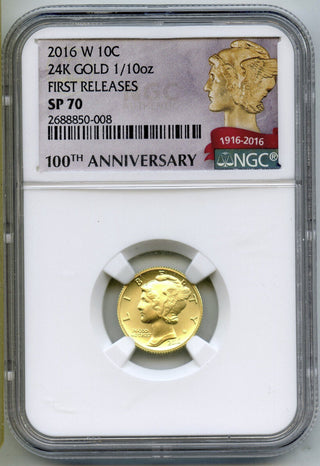 2016-W Mercury Dime 24k Gold 1/10 oz NGC SP70 First Releases Coin - H64