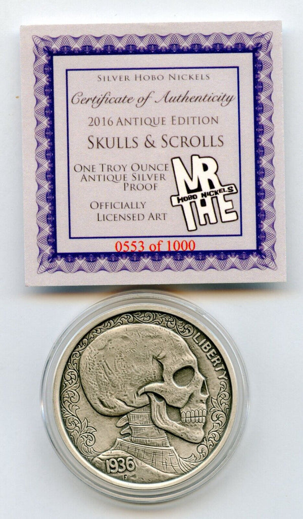 Skull & Scrolls Silver Hobo Nickels Antique 1 Troy Oz 999 Round w/ COA - JP299
