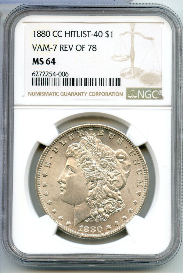 1880-CC Morgan Silver Dollar NGC MS64 Hitlist-40 VAM-7 Rev of 78 - A10