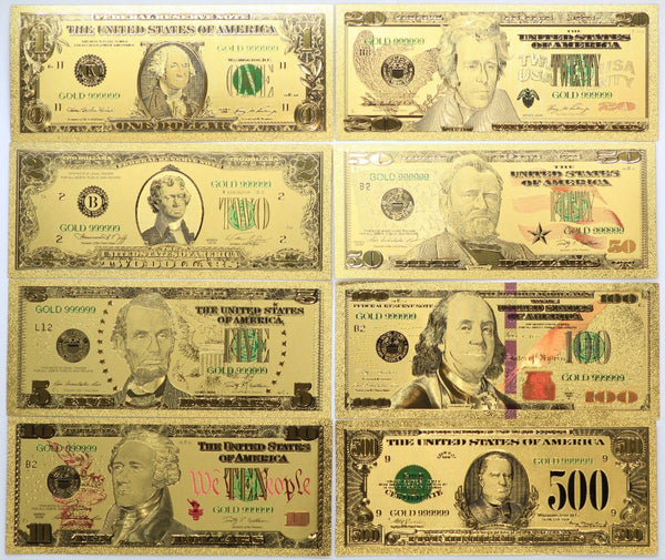 Gold Note Set $1 $2 $5 $10 $20 $50 $100 $500 Federal Reserve 24k Plated Currency