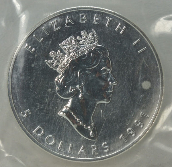1991 Canada Maple Leaf 1 Troy Oz 9999 Silver $5 Coin In RCM Mylar Pouch - LG488