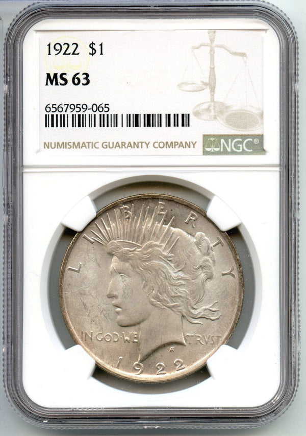 1922 Peace Silver Dollar NGC MS63 Certified - Philadelphia Mint - CC271
