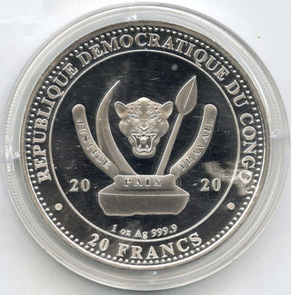 Whale 2020 Congo Coin 999 Fine Silver 1 oz World's Wildlife 20 Francs - G490