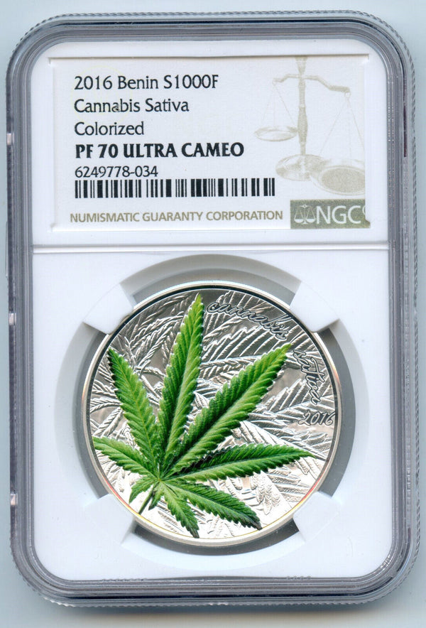2016 Cannabis Sativa Colorized Coin NGC PF70 Ultra Cameo Benin 1000 Francs CC549