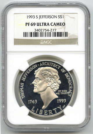 1993-S Thomas Jefferson Proof Silver Dollar NGC PF69 Ultra Cameo Coin - G174