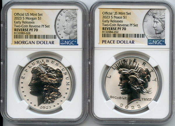 2023 Morgan & Peace Silver Reverse Proof Dollar 2 Coin Set NGC PF70 ER $1 JP572