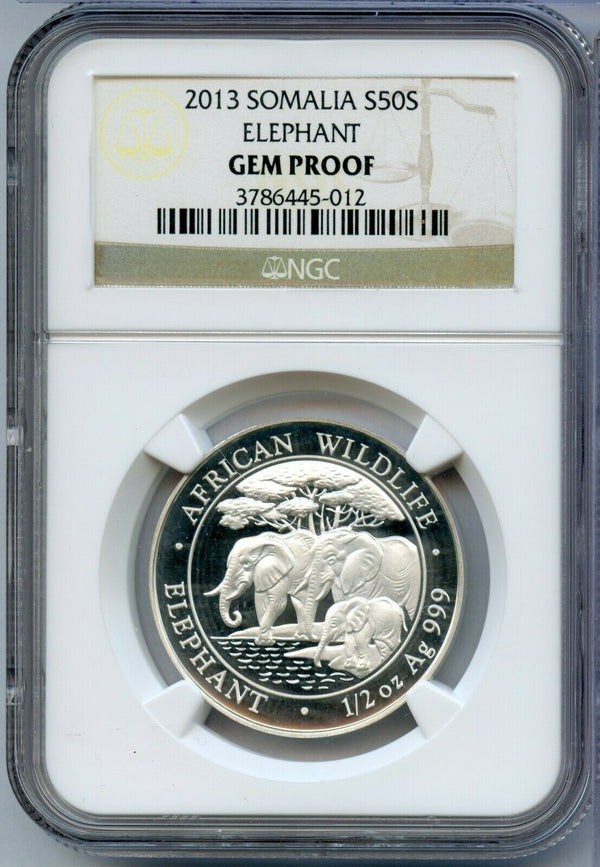 2013 Somalia Elephant 1/2 Oz Silver NGC Gem Proof 50 Shillings Coin - JN211