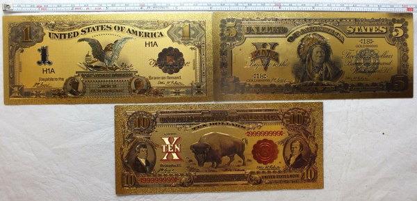 1899 $1 Black Eagle $5 Chief 1901  $10 LT Bison Novelty Gold Foil Notes LG609