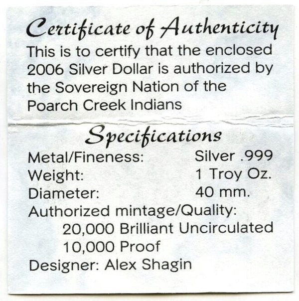 Chief Tomochichi Dollar Poarch Creek Indians 999 Silver 2006 Medal Round H154