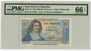 1950-60 Saint Pierre & Miquelon 10 Francs Banknote PMG 66 EPQ P-23 - JP090