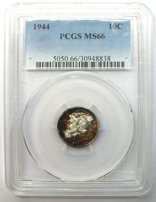 1944 Mercury Silver Dime PCGS MS66 Toning Toned - Philadelphia Mint - G298