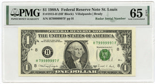 1988-A $1 Federal Reserve Note PMG 65 EPQ Radar Serial St. Louis Missouri - C255