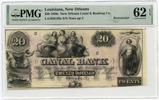 1850s Louisiana New Orlean $20 Canal Bank PMG 62 Uncirculated EPQ Remainder E848