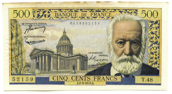 1954 France Currency Banknote 500 Francs - Victor Hugo Note Banque - A395