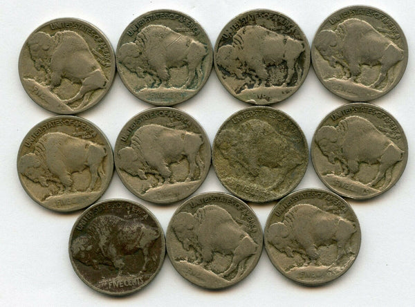 1913-P Indian Head Buffalo Nickel Type 1 Coin 5c Lot of 11 Coins - JN349