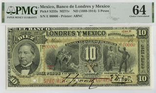 1889-1914 Banco De Londres y Mexico 10 Pesos Specimen PMG 64 P S233s DN181