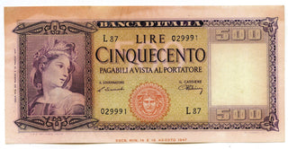 1947 Italy Currency Note 500 Lire Banknote Banca D'Italia - A388