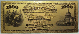 $1000 National Bank Salem 1875 Novelty 24K Gold Foil Plated Note Bill - GFN34