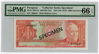 1952 Paraguay 5000 Guaranies Banknote PMG 66 EPQ Specimen Currency - JP091