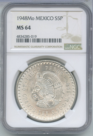 1948 Mexico Cinco Pesos NGC MS64 Certified Silver Mexican Coin- DN363