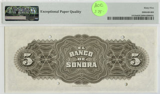 1897-1911 Banco De Sonora Mexico 5 Pesos Specimen P S419s Banknote PMG 65 DN182