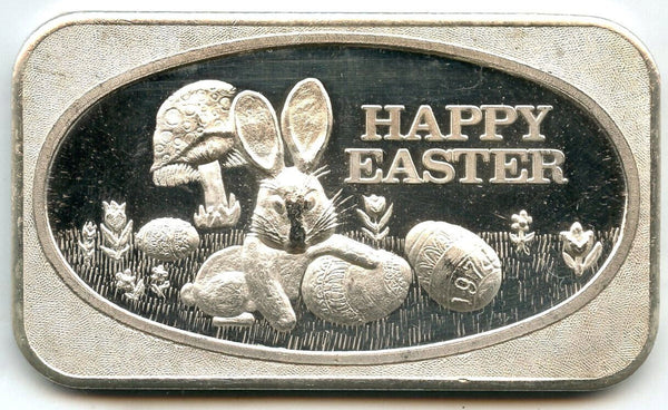 Happy Easter 1974 Art Bar 999 Silver 1 oz Ingot Medal Mushroom Egg Flower CC995