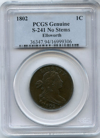1802 Draped Bust Large Cent PCGS Genuine S-241 No Stems US Copper Coin - JJ520