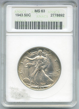 1943 Walking Liberty Silver Half Dollar Anacs MS 63 Certified - DN428