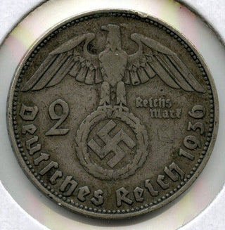1936-D Germany Silver Coin 2 Mark - Paul Von Hindenburg Deutsches Reich - E212