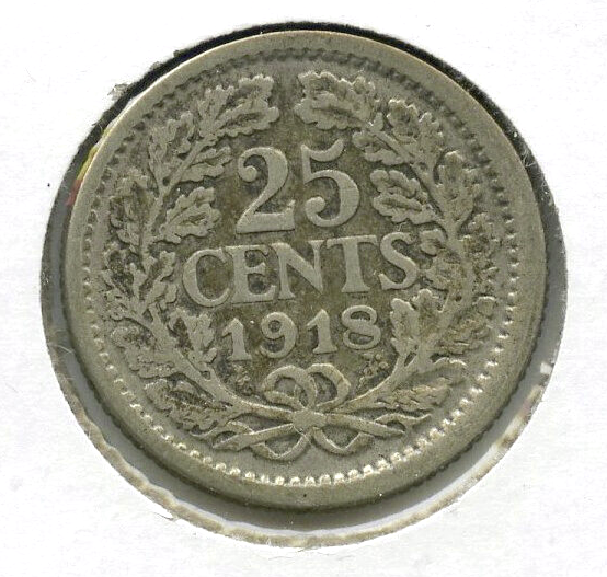 1918 Netherlands 25 Cents Silver Coin - DN151