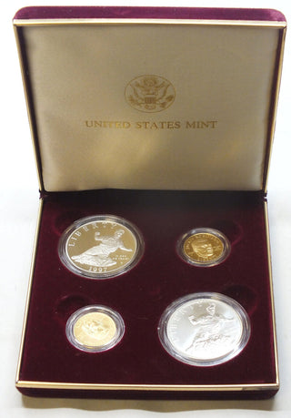 1997 Jackie Robinson Four-Coin Silver and Gold Proof & Unc US Mint Set OGP - A46