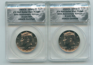 2014P&D Anacs SP69 JFK Half Dollar High Relief 50TH Anniversary 2 Coin Set-ER768