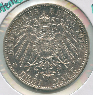 1912-F Germany Wurttenberg Silver 3 Mark Coin Wilhelm II -KR578