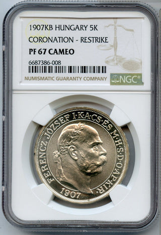 1907-KB Hungary Coronation 5 Korona Silver Restrike Coin NGC PF67 Cameo - JP618