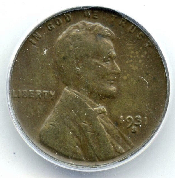 1931-S Lincoln Wheat Cent Penny ANACS VF 20 Certified - San Francisco Mint A834