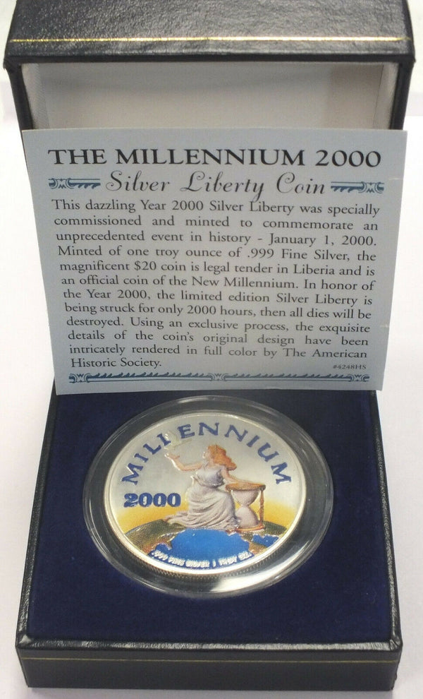 2000 Millennium Liberty $20 Coin 999 Silver 1 oz Liberia w/ COA & Box - BT971