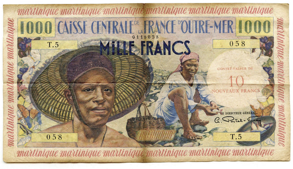 1960 Martinique 1000 Francs Banknote Currency 10 Nouveaux Note - A407