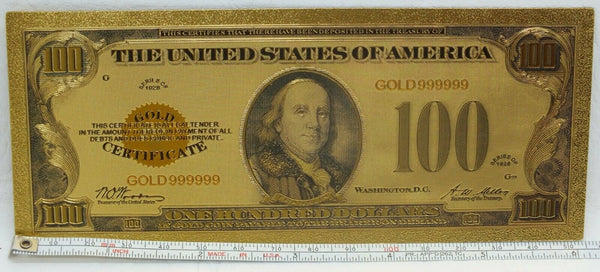 US $100 1928 Gold Certificate Novelty 24K Gold Foil Plated Note Bill 6